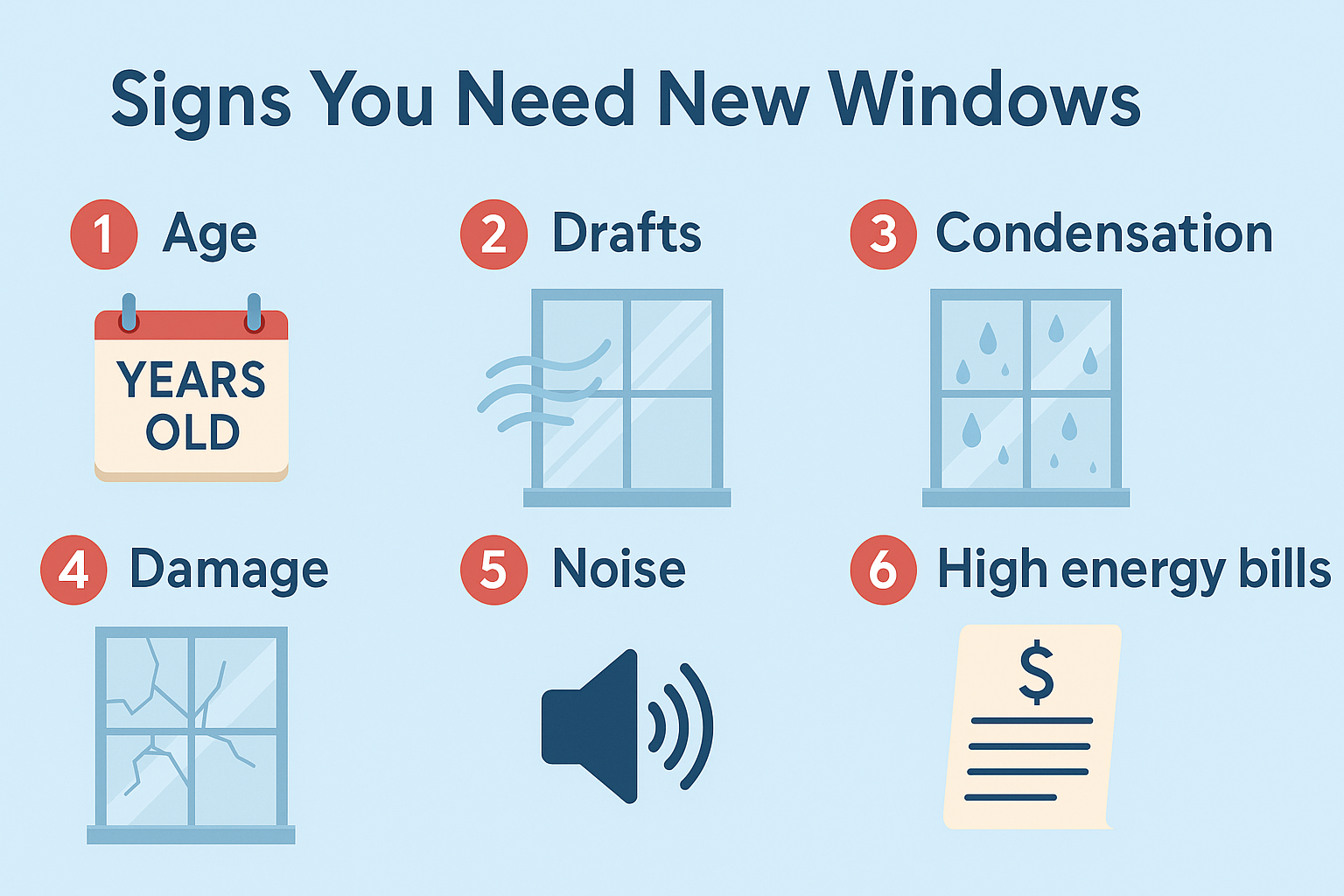 Infographic listing six signs it's time to replace windows: age, drafts, condensation, damage, noise, and high energy bills